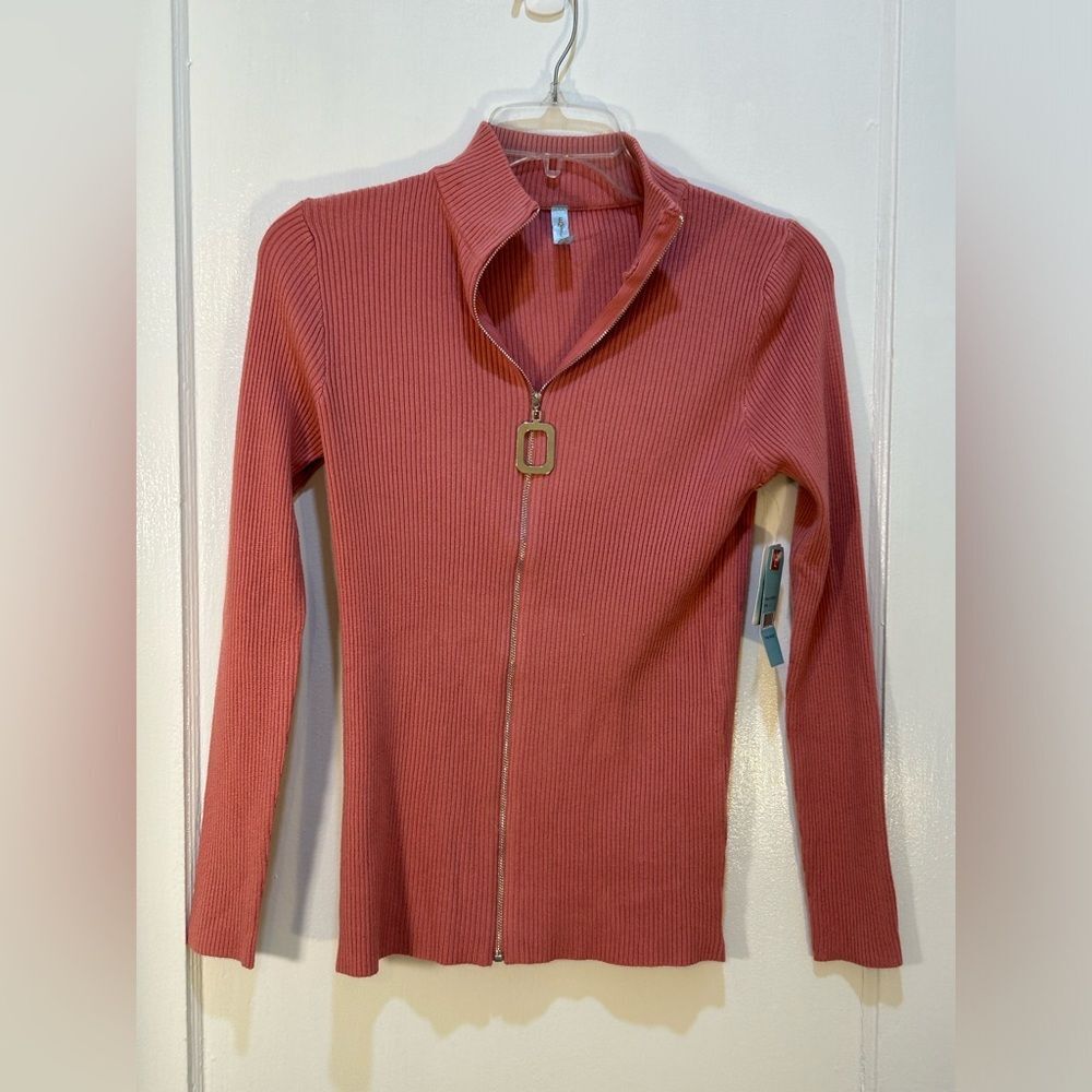 Emily Stacy Women's Size L Ribbed Full Zip Long Sleeve Blouse New W/Tags Salmon